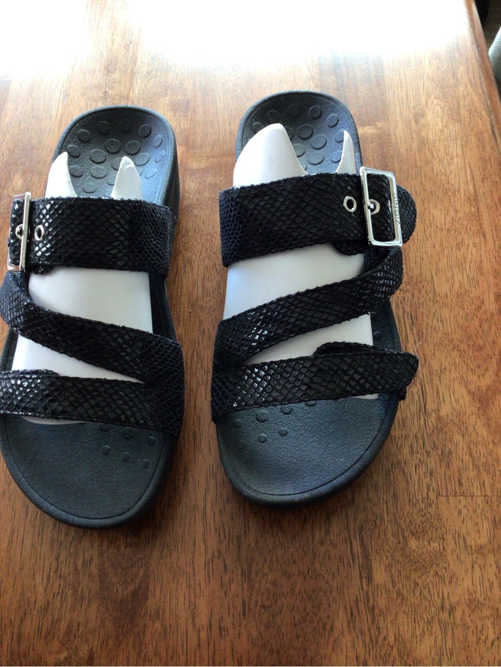 Vionic Black Textured Slide Sandals with Buckle